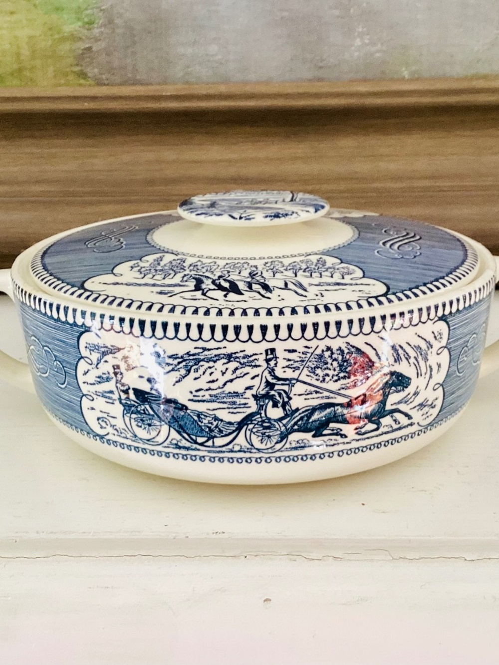 Vintage Royal Currier & Ives Blue Ironstone Scene Ctr 1.25 QT Covered Casserole